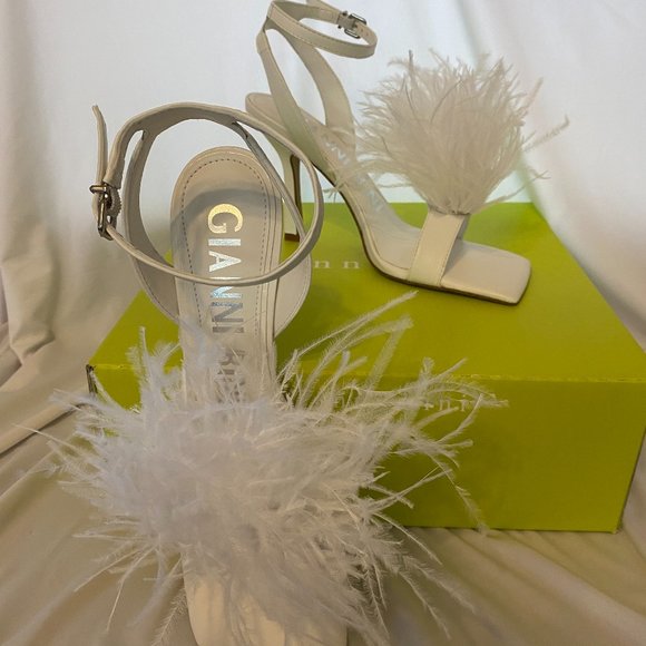 Gianni Bini Shoes - Gianni Bini Neela Feather Square Toe Dress Sandals- White – 8 Med